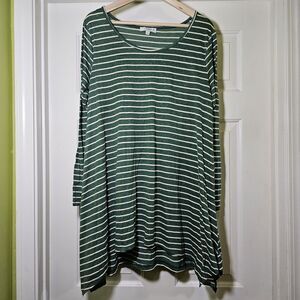 Umgee+ Women's Tunic Green Cream Stripe Elbow Patches Sharkbite Hem XL